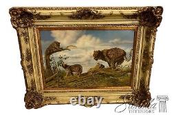 F35232E Antique White & Gold Oil on Canvas PaintingThree Cheetah Cubs Playing
