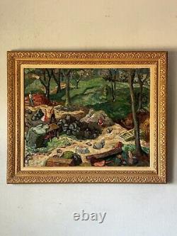 FINE ANTIQUE FIGURATIVE LANDSCAPE OIL PAINTING VINTAGE MODERN FAUVISM WPA 1940s