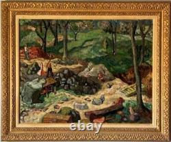 FINE ANTIQUE FIGURATIVE LANDSCAPE OIL PAINTING VINTAGE MODERN FAUVISM WPA 1940s