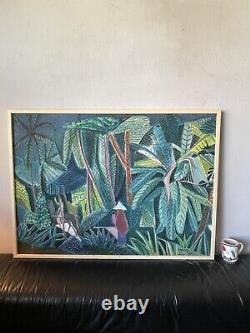 FINE ANTIQUE MODERN TROPICAL ISLAND ABSTRACT OIL PAINTING OLD VINTAGE CUBISM 60s