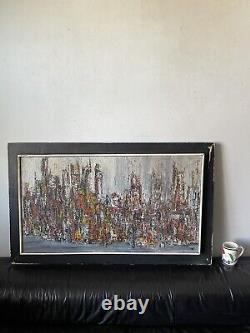 Fantastic Antique MID Century Modern Abstract Oil Painting Old Vintage Cityscape