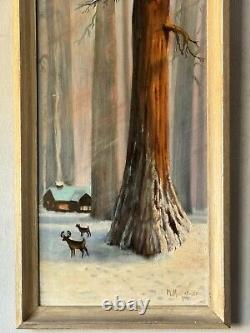 Fine Antique California Winter Snow Landscape Oil Painting Old Forest Tree 1958
