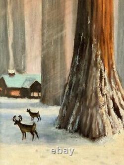 Fine Antique California Winter Snow Landscape Oil Painting Old Forest Tree 1958
