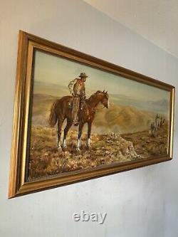 Fine Antique Cowboy Western Landscape Oil Painting Old Vintage Horses Horse 1967