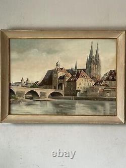 Fine Antique Landscape Oil Painting Old Regensburg Cathedral Bridge Germany 1959