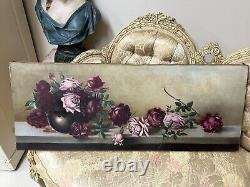Gorgeous Antique 1890s YARD LONG ROSE OIL PAINTING Pink Cranberry ROSES Canvas
