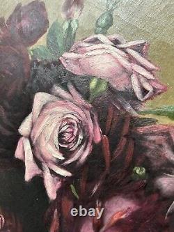Gorgeous Antique 1890s YARD LONG ROSE OIL PAINTING Pink Cranberry ROSES Canvas