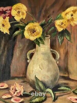 Gorgeous Antique Still Life Impressionist Oil Painting Old Flowers Roses 1946