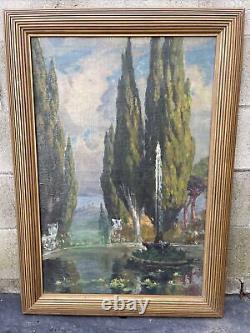 Great Large Antique Italian Cypress Trees? & Fountain Impressionist Oil Painting