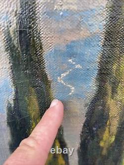 Great Large Antique Italian Cypress Trees? & Fountain Impressionist Oil Painting