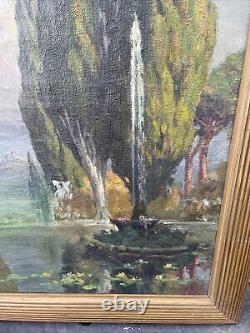 Great Large Antique Italian Cypress Trees? & Fountain Impressionist Oil Painting