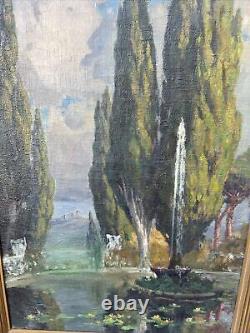 Great Large Antique Italian Cypress Trees? & Fountain Impressionist Oil Painting