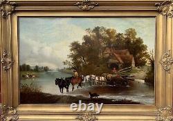 Huge Antique 19 century oil painting on canvas Farm Landscape, cows, signed