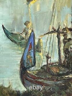 Incredible Antique Modern Abstract Seascape Boat Impressionist Oil Painting Old