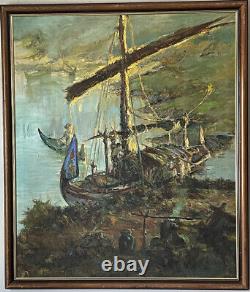 Incredible Antique Modern Abstract Seascape Boat Impressionist Oil Painting Old