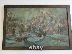 Incredible Nautical Large Oil Painting Antique Ships Mystery Artist Signed Port