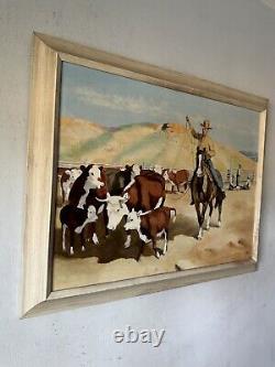 John Crowell Antique Cowboy Western Landscape Oil Painting Old Horses Cows 1957