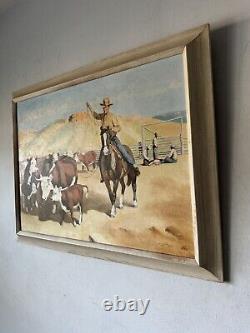 John Crowell Antique Cowboy Western Landscape Oil Painting Old Horses Cows 1957