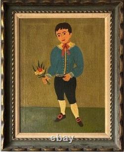 L Caruso Antique Modern Italian Folk Art Boy Oil Painting Old Vintage Italy 1960