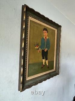 L Caruso Antique Modern Italian Folk Art Boy Oil Painting Old Vintage Italy 1960