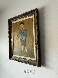 L Caruso Antique Modern Italian Folk Art Boy Oil Painting Old Vintage Italy 1960