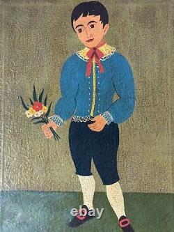 L Caruso Antique Modern Italian Folk Art Boy Oil Painting Old Vintage Italy 1960