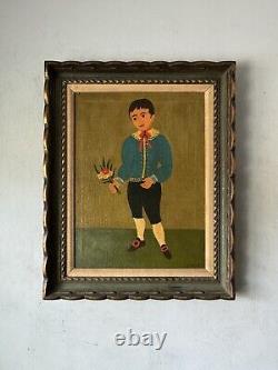 L Caruso Antique Modern Italian Folk Art Boy Oil Painting Old Vintage Italy 1960