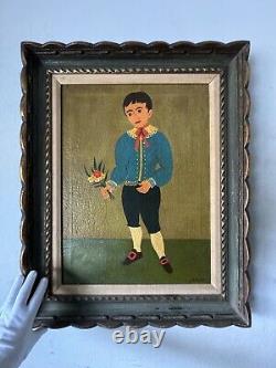 L Caruso Antique Modern Italian Folk Art Boy Oil Painting Old Vintage Italy 1960