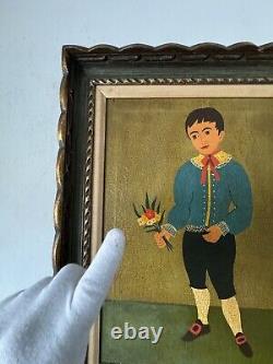 L Caruso Antique Modern Italian Folk Art Boy Oil Painting Old Vintage Italy 1960