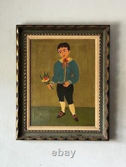 L Caruso Antique Modern Italian Folk Art Boy Oil Painting Old Vintage Italy 1960