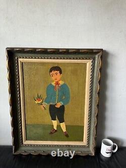 L Caruso Antique Modern Italian Folk Art Boy Oil Painting Old Vintage Italy 1960