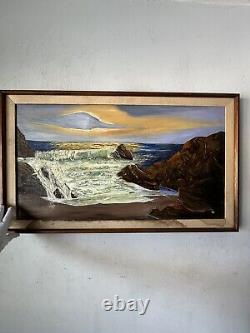 LARGE ANTIQUE EUROPEAN OCEAN SEASCAPE COASTAL OIL PAINTING OLD VINTAGE LAG 1960s