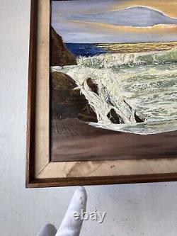 LARGE ANTIQUE EUROPEAN OCEAN SEASCAPE COASTAL OIL PAINTING OLD VINTAGE LAG 1960s