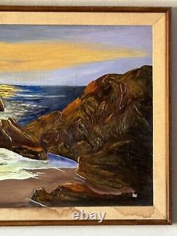 LARGE ANTIQUE EUROPEAN OCEAN SEASCAPE COASTAL OIL PAINTING OLD VINTAGE LAG 1960s