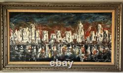 LARGE ANTIQUE MID CENTURY MODERN ABSTRACT CITYSCAPE OIL PAINTING OLD VINTAGE 60s