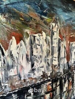 LARGE ANTIQUE MID CENTURY MODERN ABSTRACT CITYSCAPE OIL PAINTING OLD VINTAGE 60s