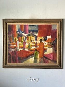 LARGE ANTIQUE MODERN ABSTRACT FIGURATIVE OIL PAINTING OLD VINTAGE CUBISM 1960s