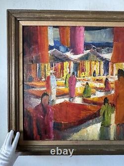 LARGE ANTIQUE MODERN ABSTRACT FIGURATIVE OIL PAINTING OLD VINTAGE CUBISM 1960s