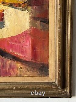 LARGE ANTIQUE MODERN ABSTRACT FIGURATIVE OIL PAINTING OLD VINTAGE CUBISM 1960s