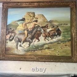 LARGE ANTQUE FRAMED Oil Painting Fighting Native American Indian SIGNED RUSSANO