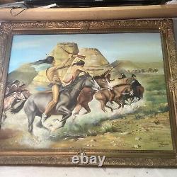 LARGE ANTQUE FRAMED Oil Painting Fighting Native American Indian SIGNED RUSSANO