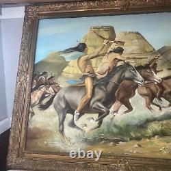 LARGE ANTQUE FRAMED Oil Painting Fighting Native American Indian SIGNED RUSSANO