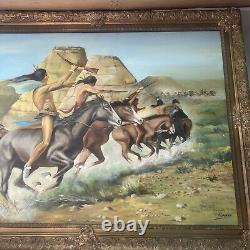 LARGE ANTQUE FRAMED Oil Painting Fighting Native American Indian SIGNED RUSSANO