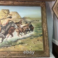 LARGE ANTQUE FRAMED Oil Painting Fighting Native American Indian SIGNED RUSSANO