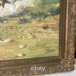 LARGE ANTQUE FRAMED Oil Painting Fighting Native American Indian SIGNED RUSSANO