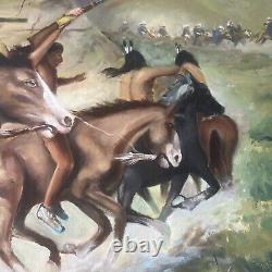 LARGE ANTQUE FRAMED Oil Painting Fighting Native American Indian SIGNED RUSSANO