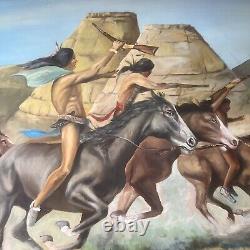 LARGE ANTQUE FRAMED Oil Painting Fighting Native American Indian SIGNED RUSSANO