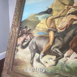 LARGE ANTQUE FRAMED Oil Painting Fighting Native American Indian SIGNED RUSSANO