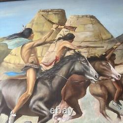 LARGE ANTQUE FRAMED Oil Painting Fighting Native American Indian SIGNED RUSSANO