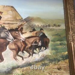 LARGE ANTQUE FRAMED Oil Painting Fighting Native American Indian SIGNED RUSSANO